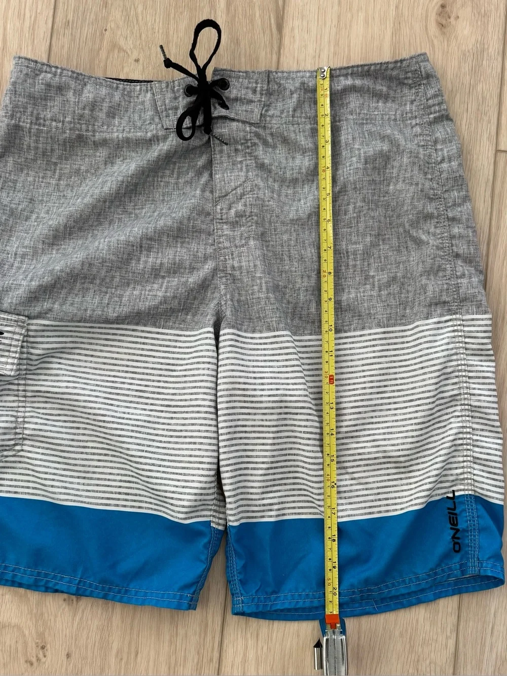 Mens O’Neill gray blue stripe board shorts surf swim trunks size 32 unlined